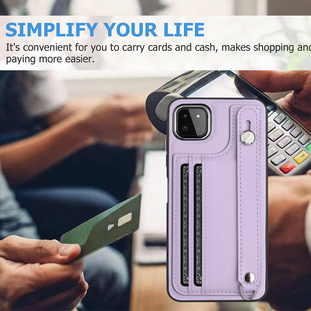 Til Samsung Galaxy A22 5G (EU-version) Kickstand-etui YB Læderbelægning Series-5-kortholder TPU-telefoncover Til Samsung Galaxy A22 5G (EU-version) Kickstand-etui YB Læderbelægning Series-5-kortholder TPU-telefoncover